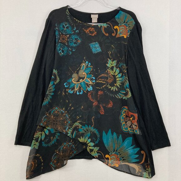 Chico's size Large/2 Black Multi Color Artsy Chiffon Layered Blouse Romantic - Picture 1 of 9